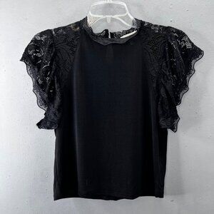 Urban Girl Crop Top S Black Crochet Lace Ruffle Flutter Sleeves Boho Cowgirl
